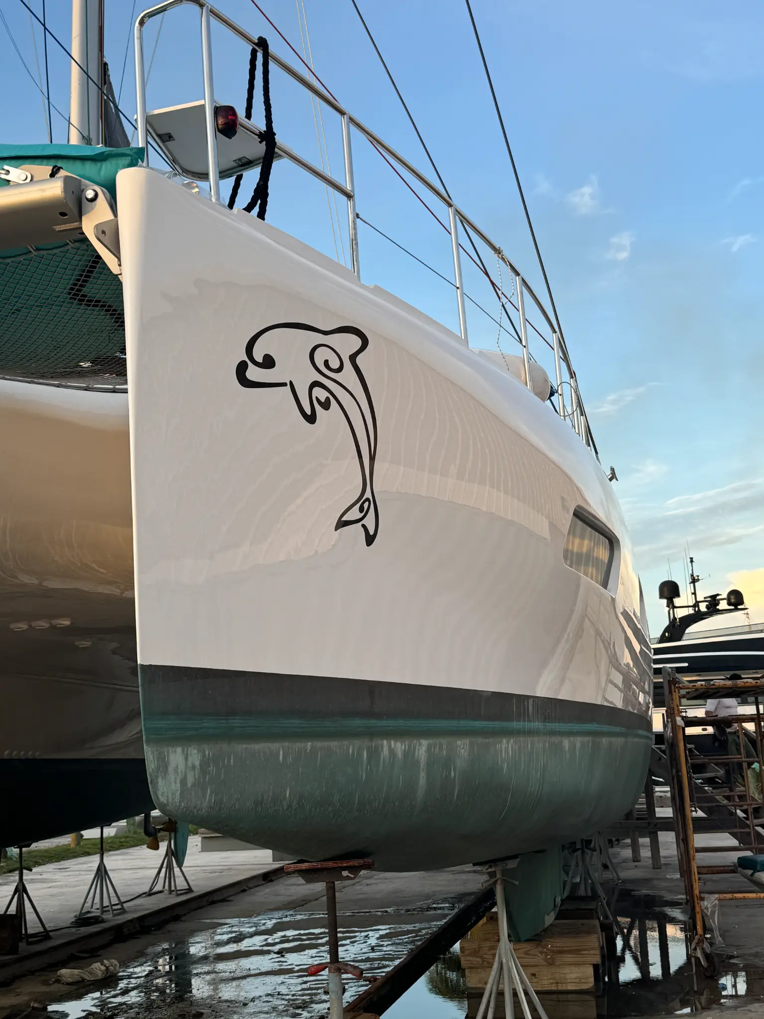 PPF protective film project - sailing yacht with dolphin logo under transparent PPF film